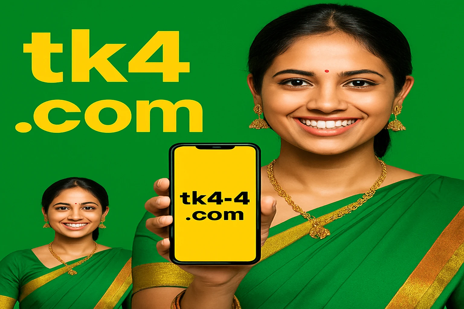tk44 এর মোবাইল অ্যাপ ডাউনলোড প্রচারণায় হাতের স্মার্টফোন ধরে ঐতিহ্যবাহী পোশাক পরা একজন নারী