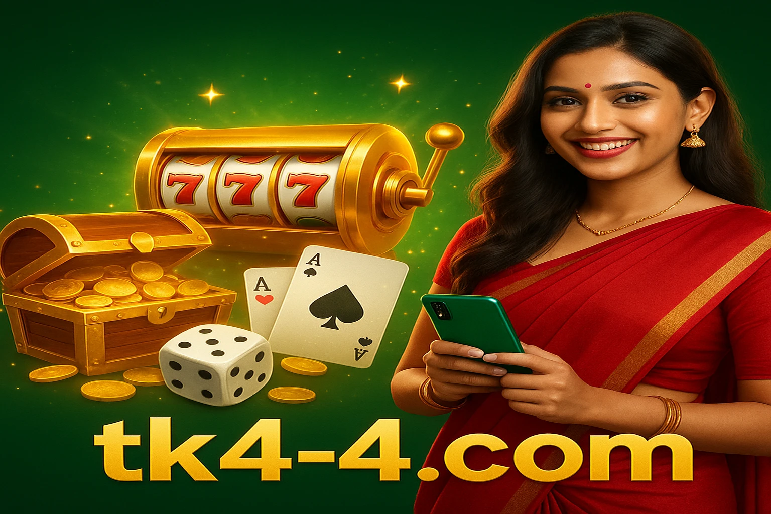 tk44–এর গেমিং প্ল্যাটফর্মের বোনাস প্রচারের একটি ব্যানার। লাল সাড়ি পরা একজন বাংলাদেশি নারী স্মার্টফোন ধরে কার্ড খেলছেন। আর্কেড গেম, ডাইস ও খাজানার বাক্স এবং বাংলাদেশের পতাকা পটভূমি রয়েছে।